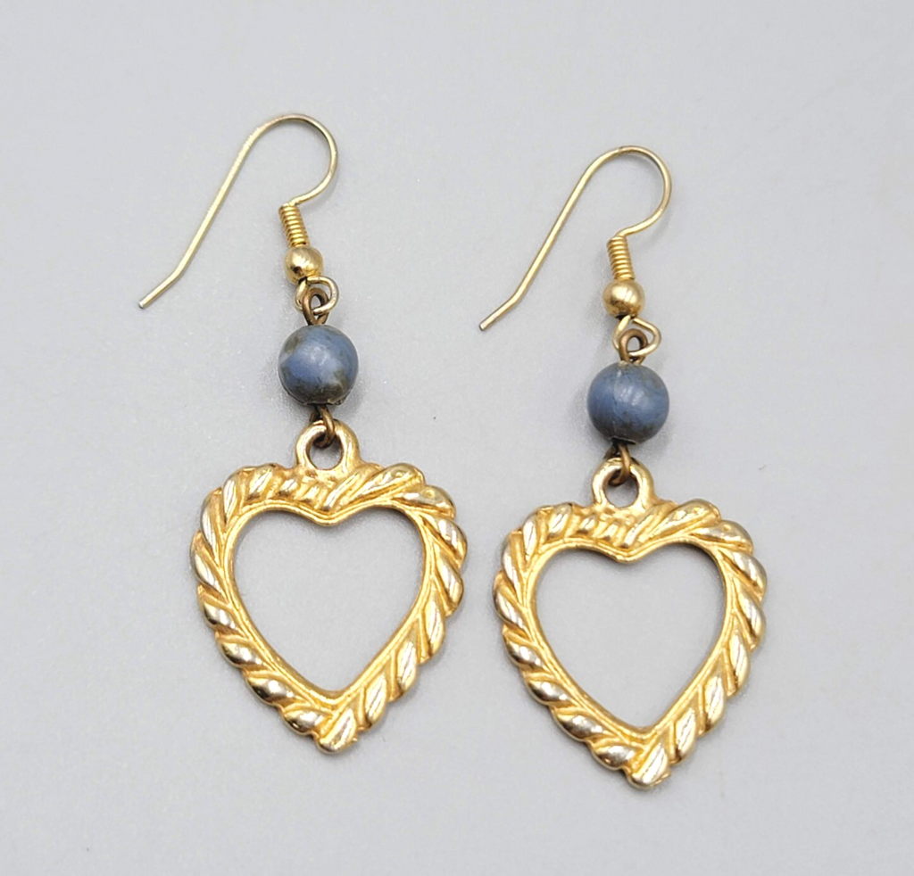 Vintage Heart Pierced Earrings Gold tone Blue Bead Dangle 1.5"