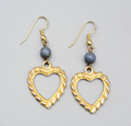 Vintage Heart Pierced Earrings Gold tone Blue Bead Dangle 1.5"