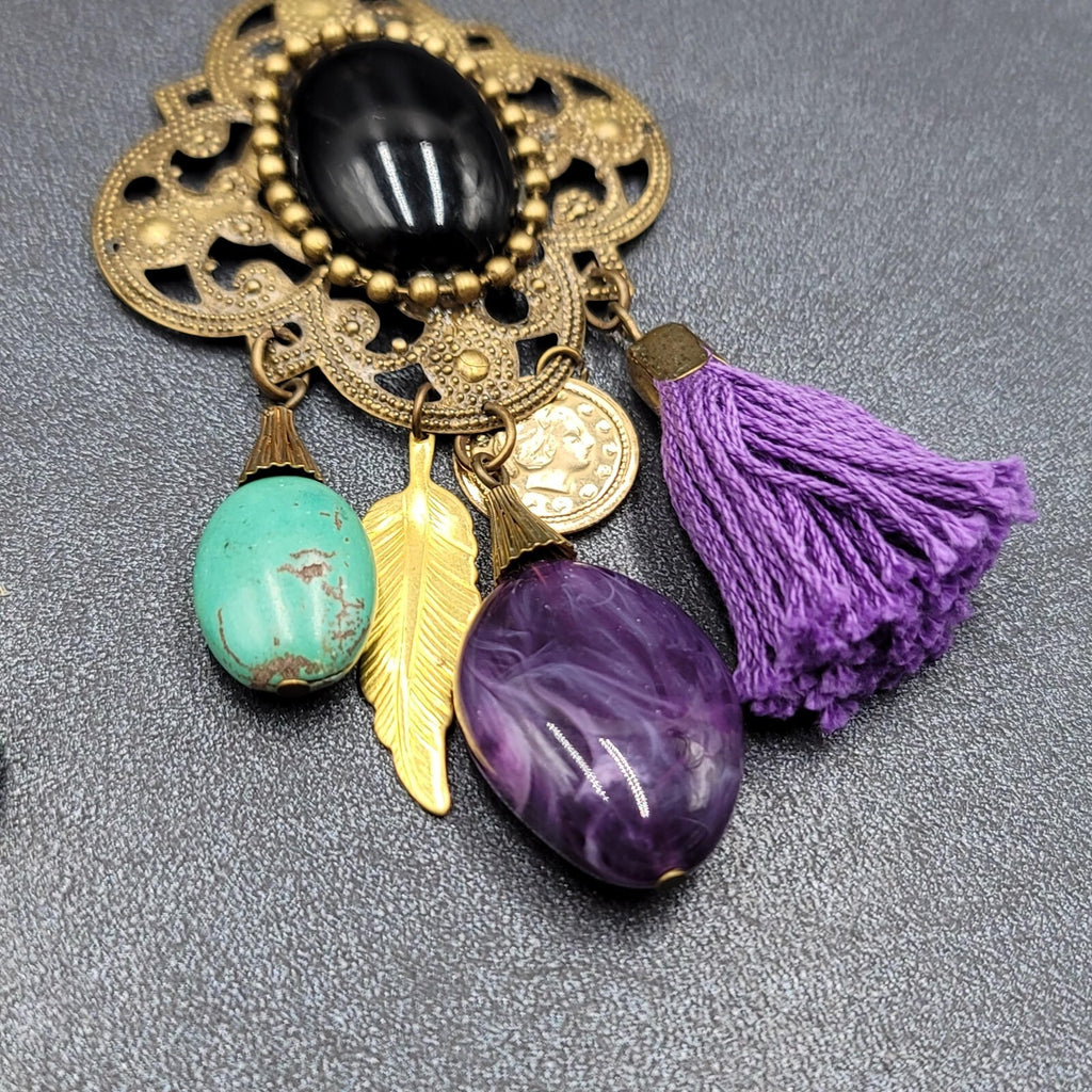 Pierced Earrings Large Statement Bronze tone Purple Tassel Boho Charms 3.5"