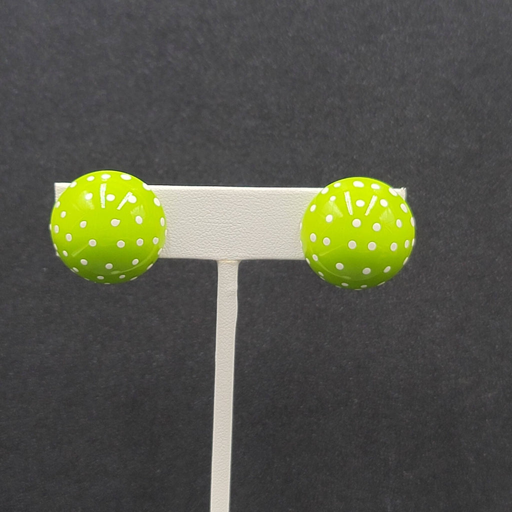Vintage Clip on Earrings Hand Painted Green Enamel Polka Dot Dome Studs 3/4"