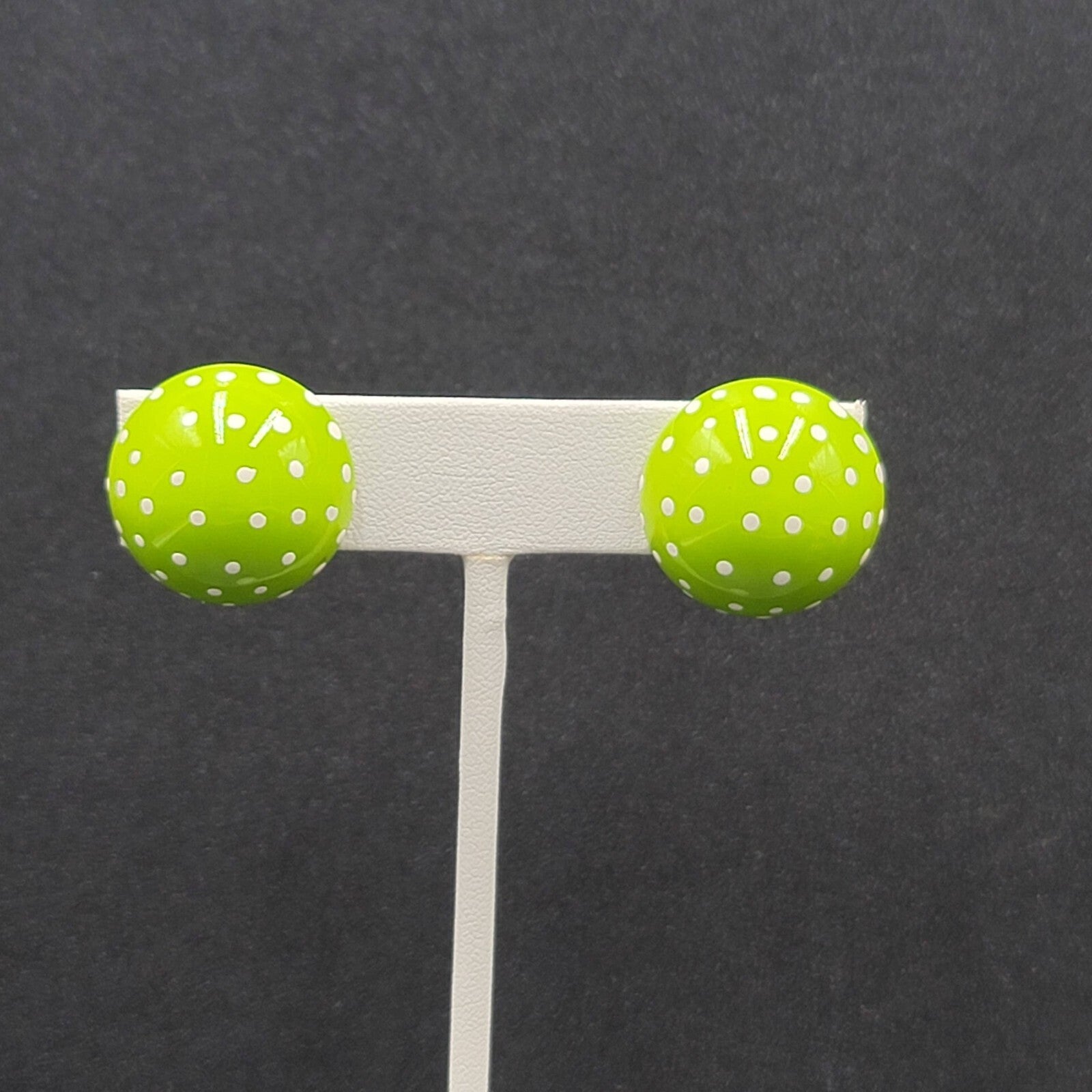 Vintage Clip on Earrings Hand Painted Green Enamel Polka Dot Dome Studs 3/4"