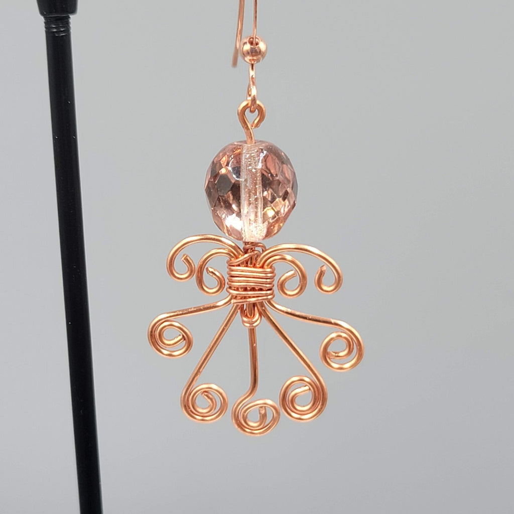 Wire Wrapped Angel Pierced Earrings Copper tone Dangle 1.5"