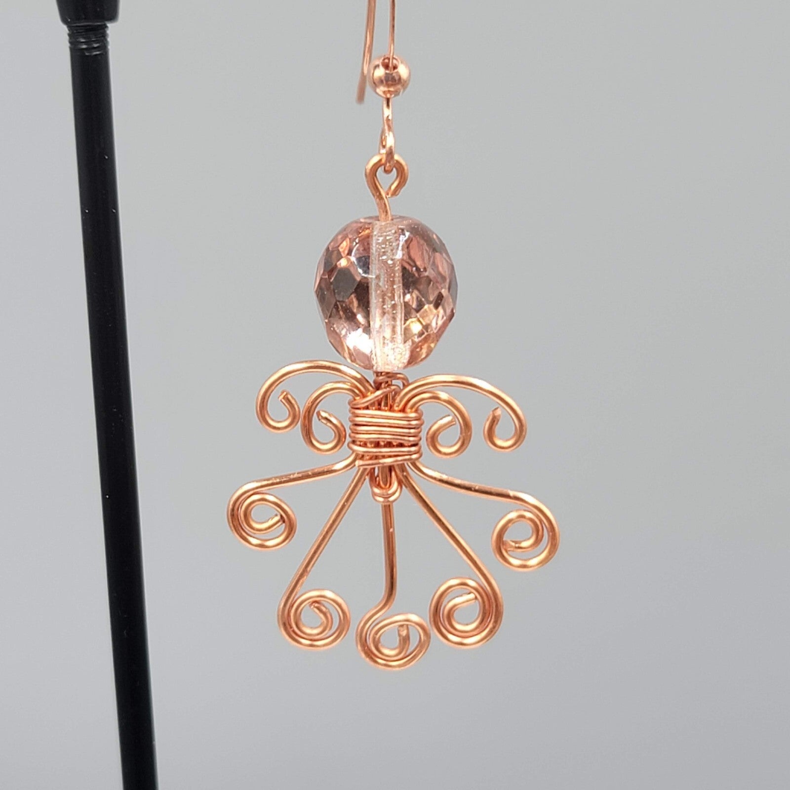 Wire Wrapped Angel Pierced Earrings Copper tone Dangle 1.5"