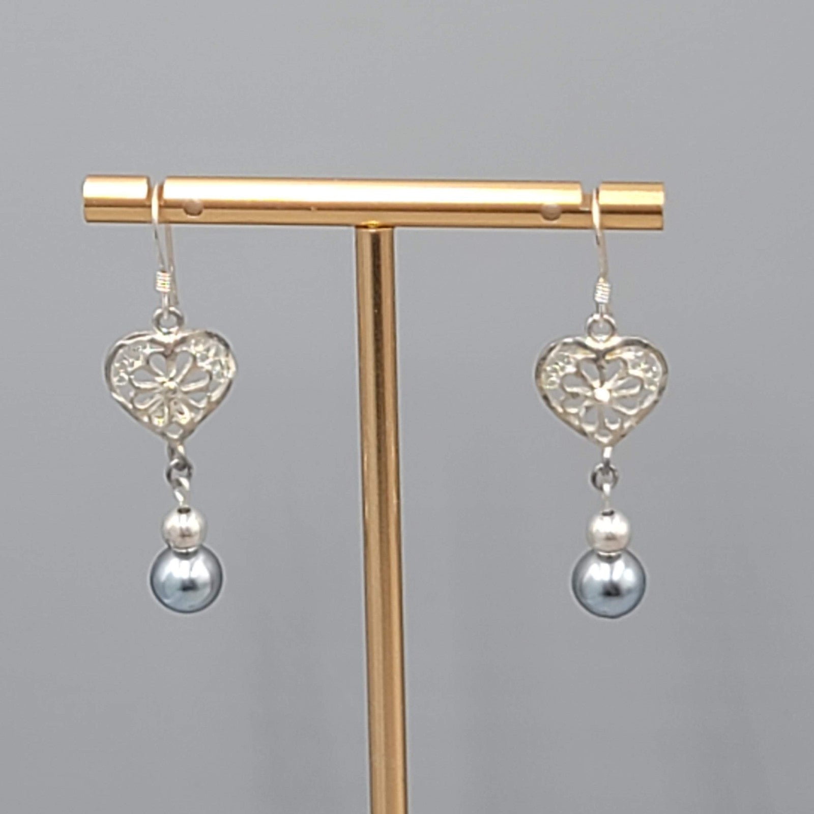 Sterling Silver Pierced Earrings Gray Bead Dangle 1.25" 925