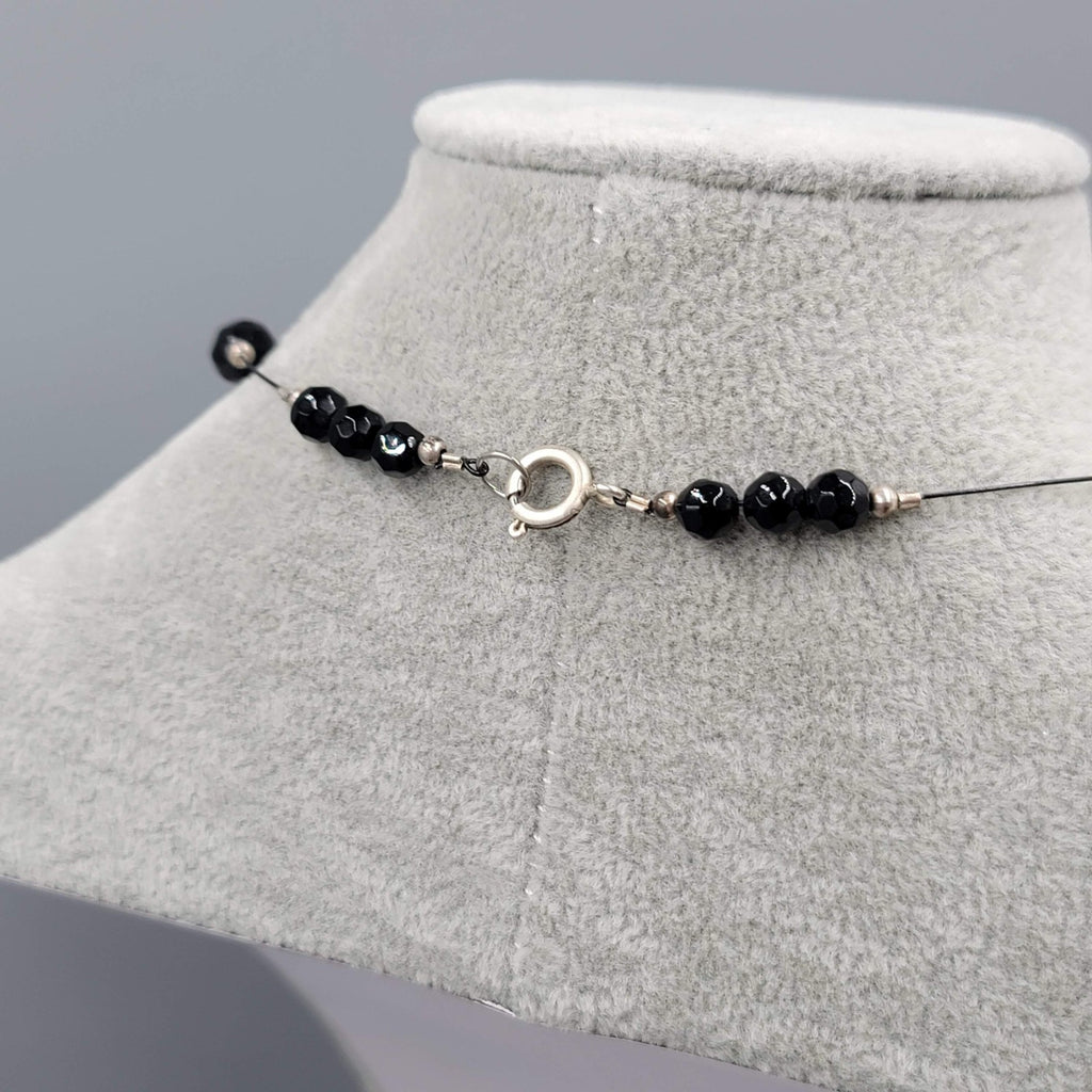 Black Glass Bead Station Necklace Silver tone 18"