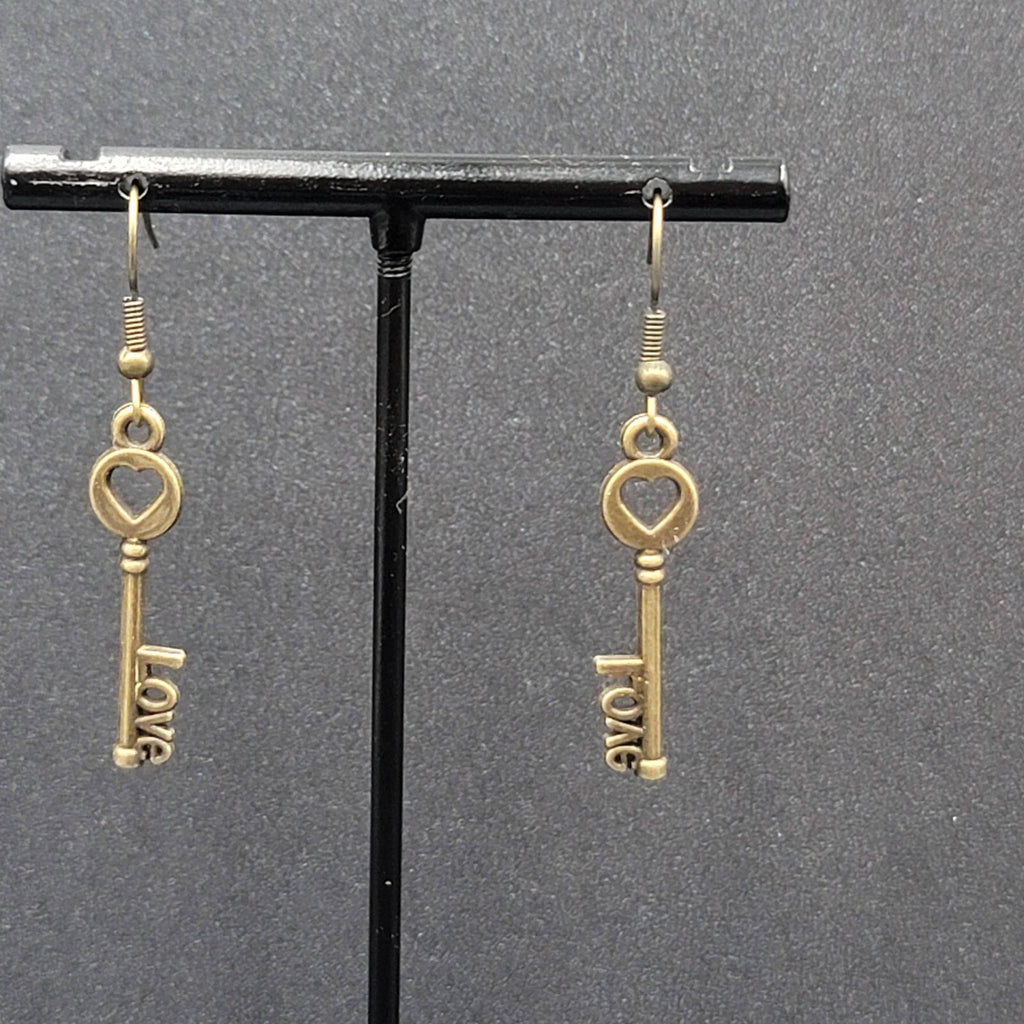 NEW Skeleton Key Pierced Earrings Bronze tone LOVE Dangle 1.25"
