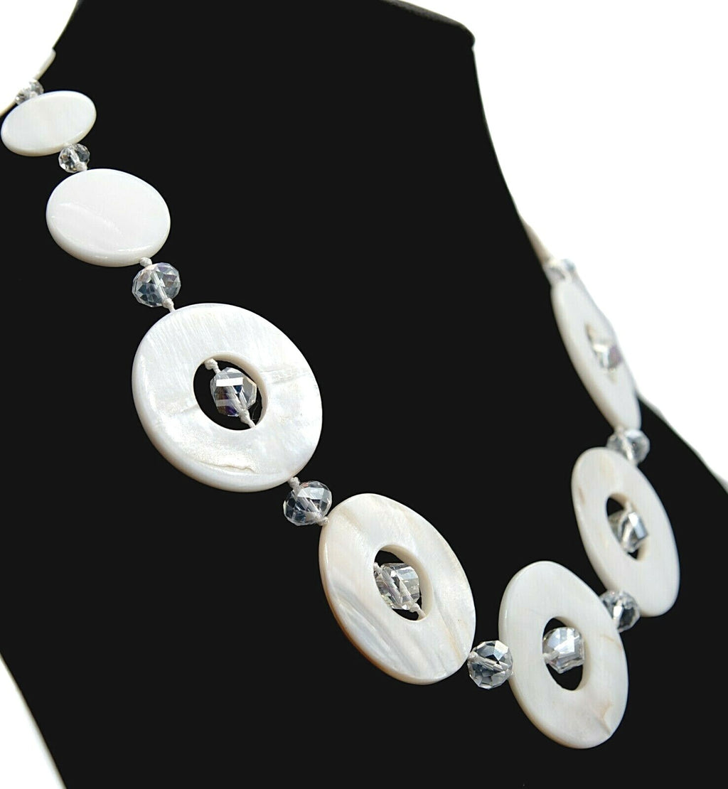 Mother of Pearl Necklace Circle Bead Hand Knotted Crystal Silver tone 21" - 23"