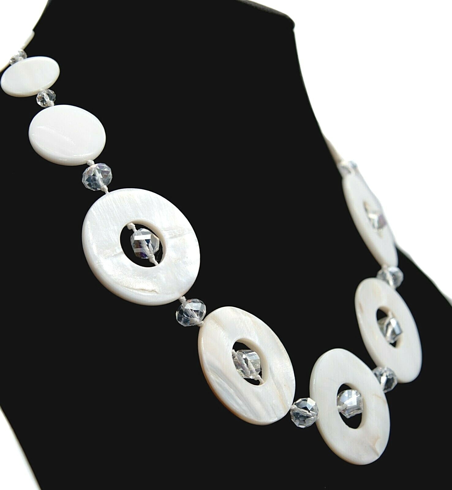 Mother of Pearl Necklace Circle Bead Hand Knotted Crystal Silver tone 21" - 23"