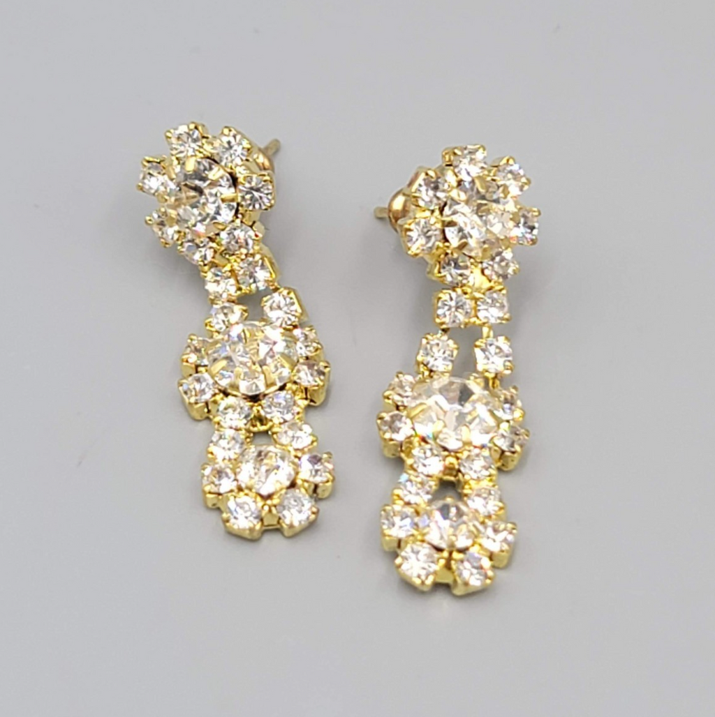 Rhinestone Pierced Earrings Gold tone Dangle Retro  1 3/8 in