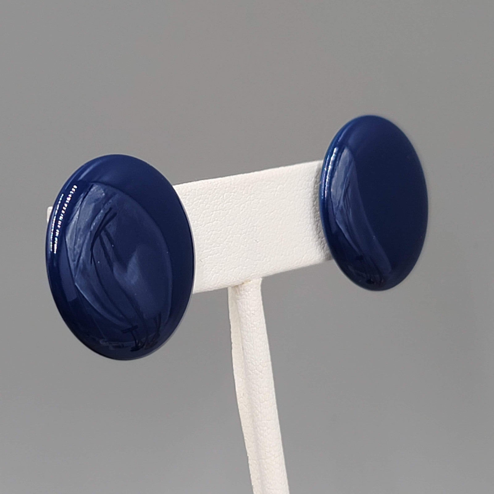 Vintage Navy Blue Enamel Pierced Earrings Round Disc 1"