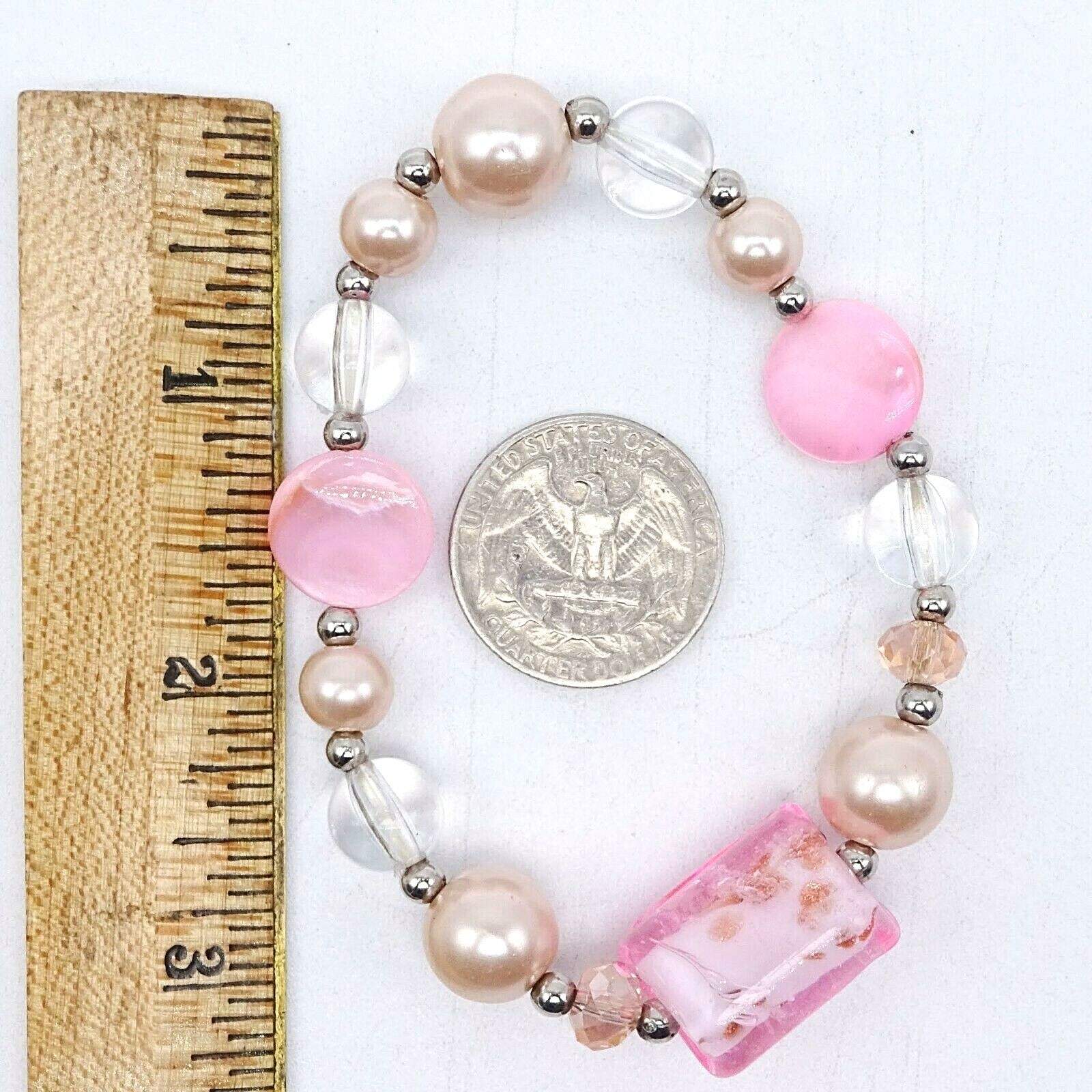 Pink Art Glass Bracelet Shell Faux Pearl Stretch Elastic Silver tone