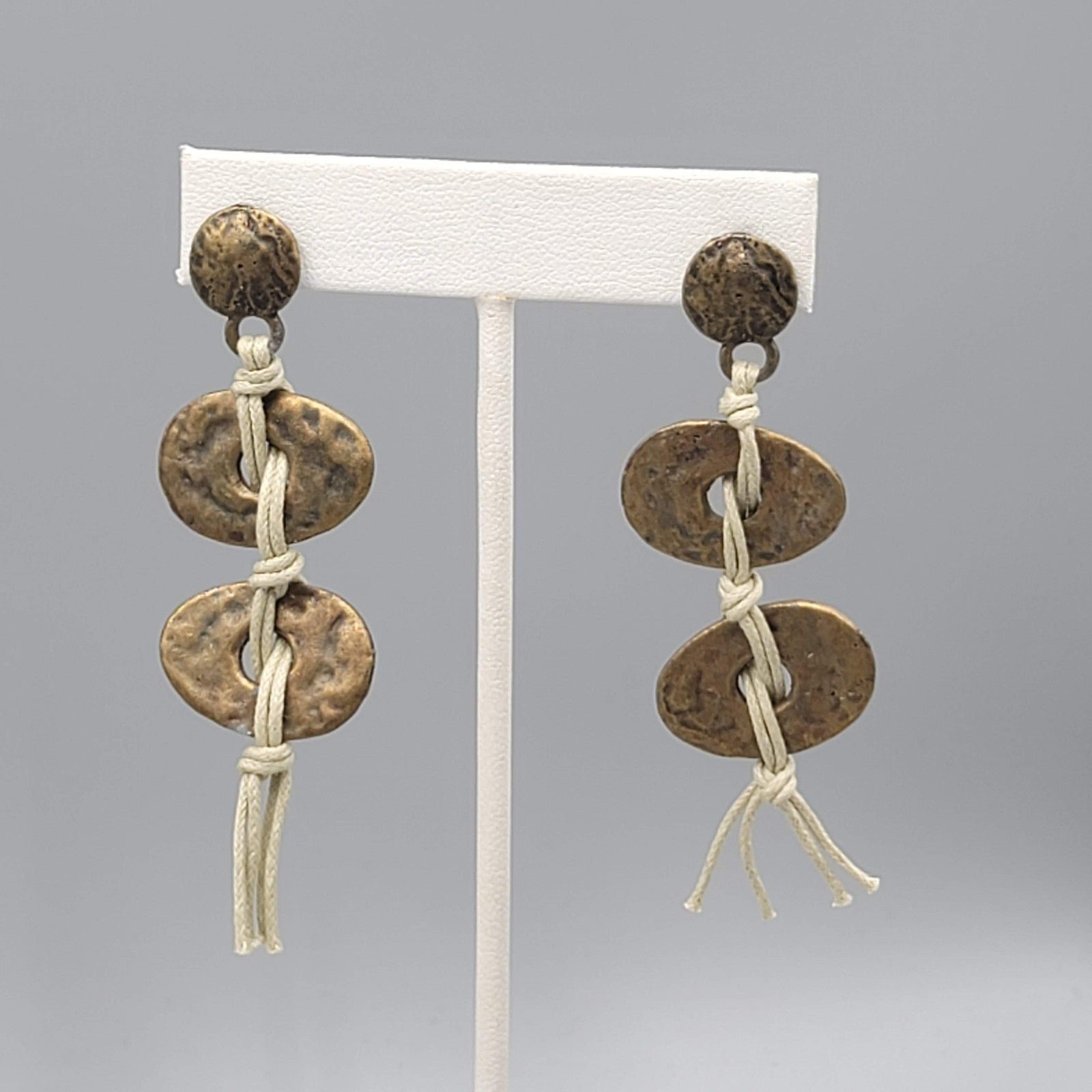 Bronze tone Drop Pierced Earrings Beige Cord Boho 3 in