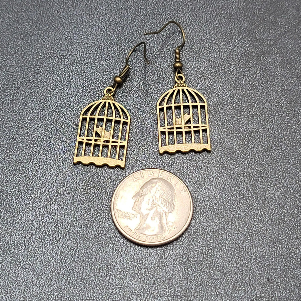 New Bird in the Cage Pierced Earrings Bronze tone Dangle 1"