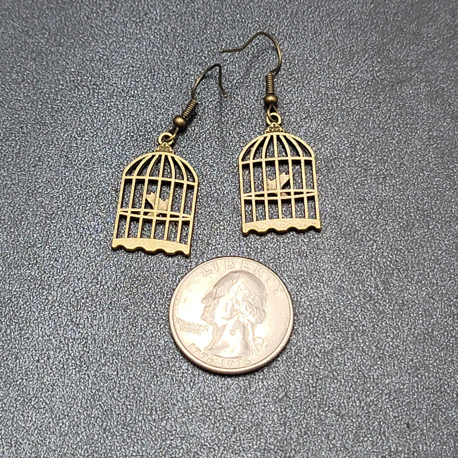 New Bird in the Cage Pierced Earrings Bronze tone Dangle 1"