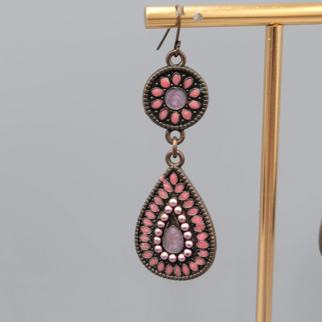 Enamel Teardrop Double Medallion Pierced Earrings Bronze tone Dangle 2 in