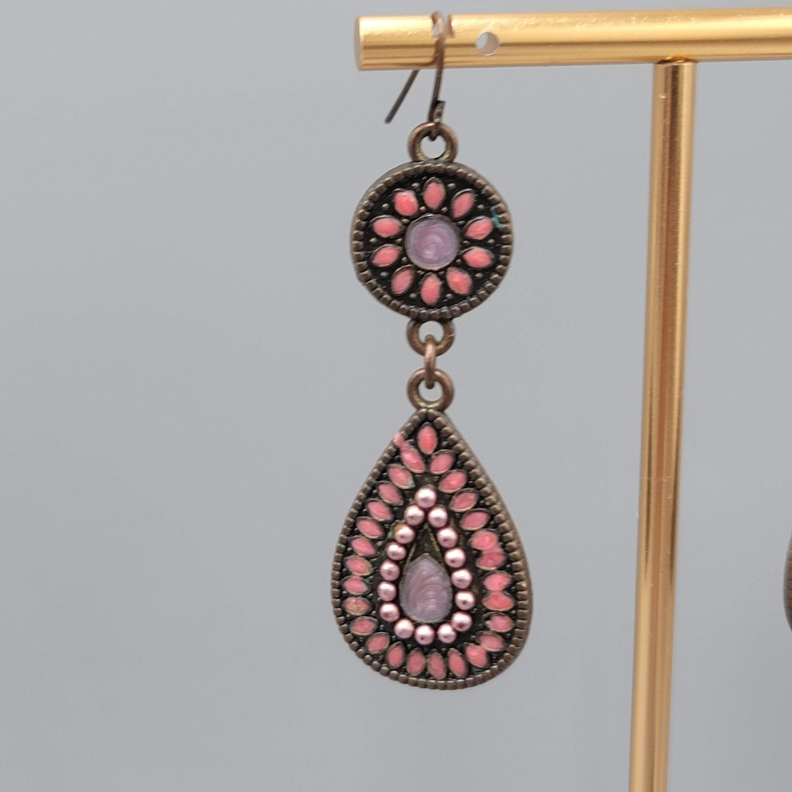 Enamel Teardrop Double Medallion Pierced Earrings Bronze tone Dangle 2 in