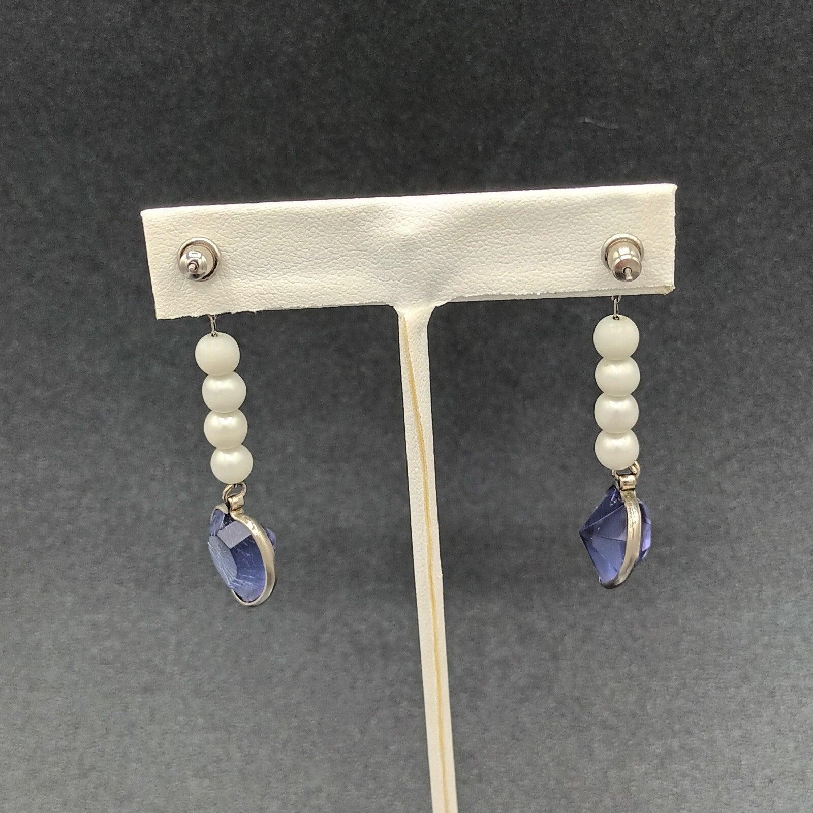 Vintage Pierced Earrings Purple Acrylic Heart Beaded Dangle 2"