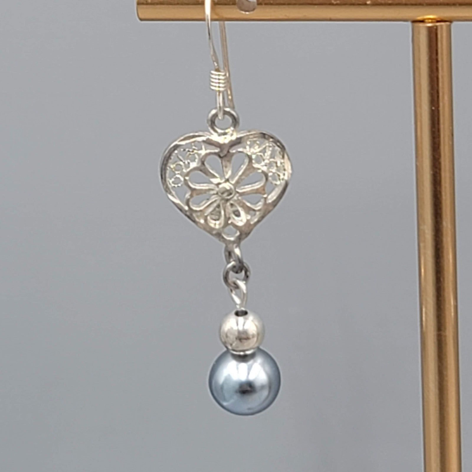 Sterling Silver Pierced Earrings Gray Bead Dangle 1.25" 925