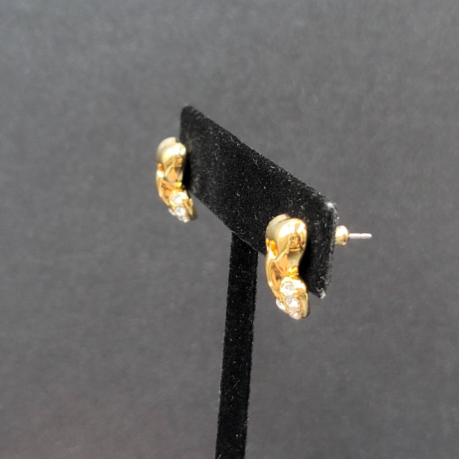 Vintage Pierced Earrings Gold Plated Heart Drop Crystal Rhinestone 5/8"