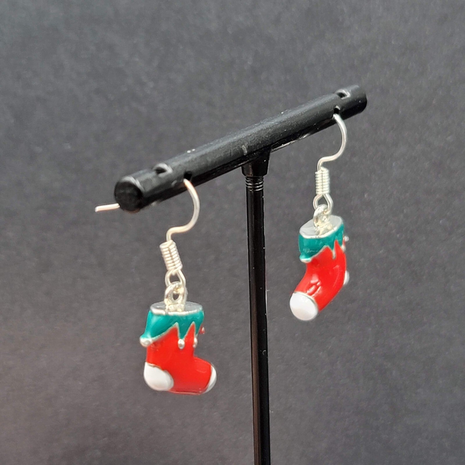 Christmas Pierced Earrings Silver tone Enamel Stockings Solid 5/8"