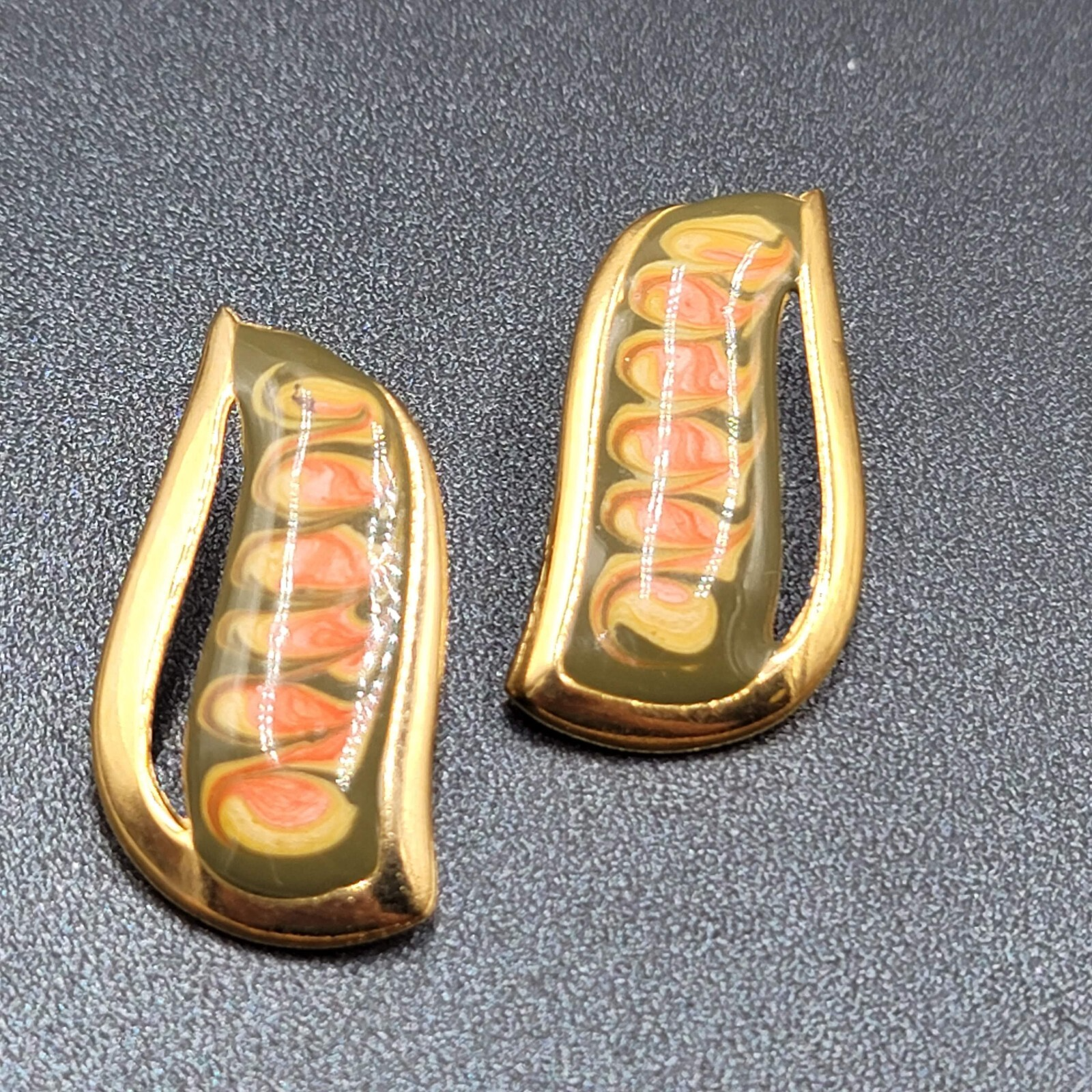 Vintage Pierced Earrings Gold tone Green Pink Enamel Swirl Statement Drop 1.5"