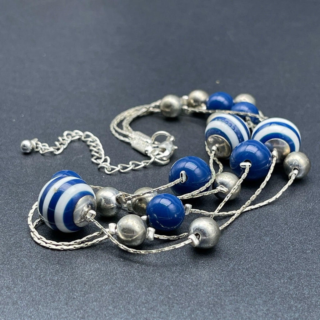 Vintage Silver tone Triple Chain Blue Stripe Bead Station Necklace 15.5" - 17.5"