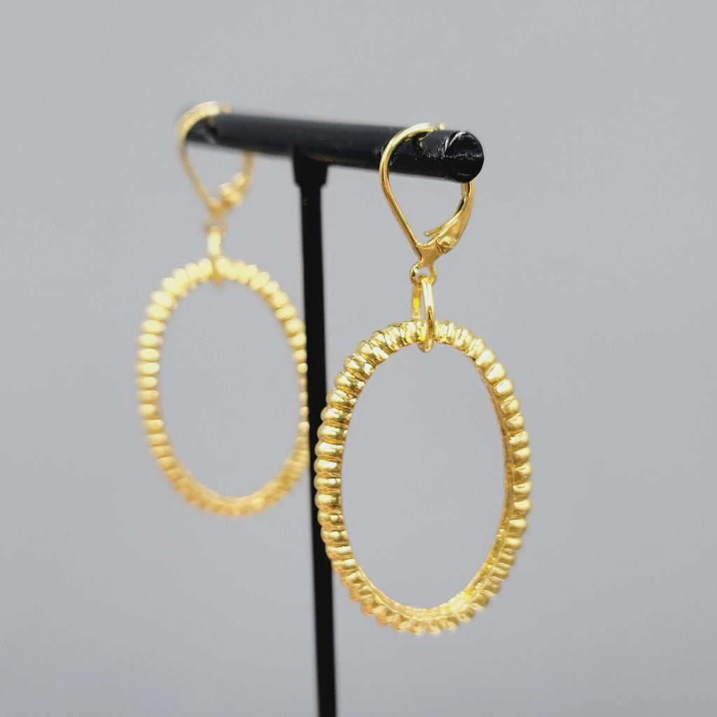 Gold tone Pierced Earrings Dangle Oval Open Hoops Leverback 1.5"