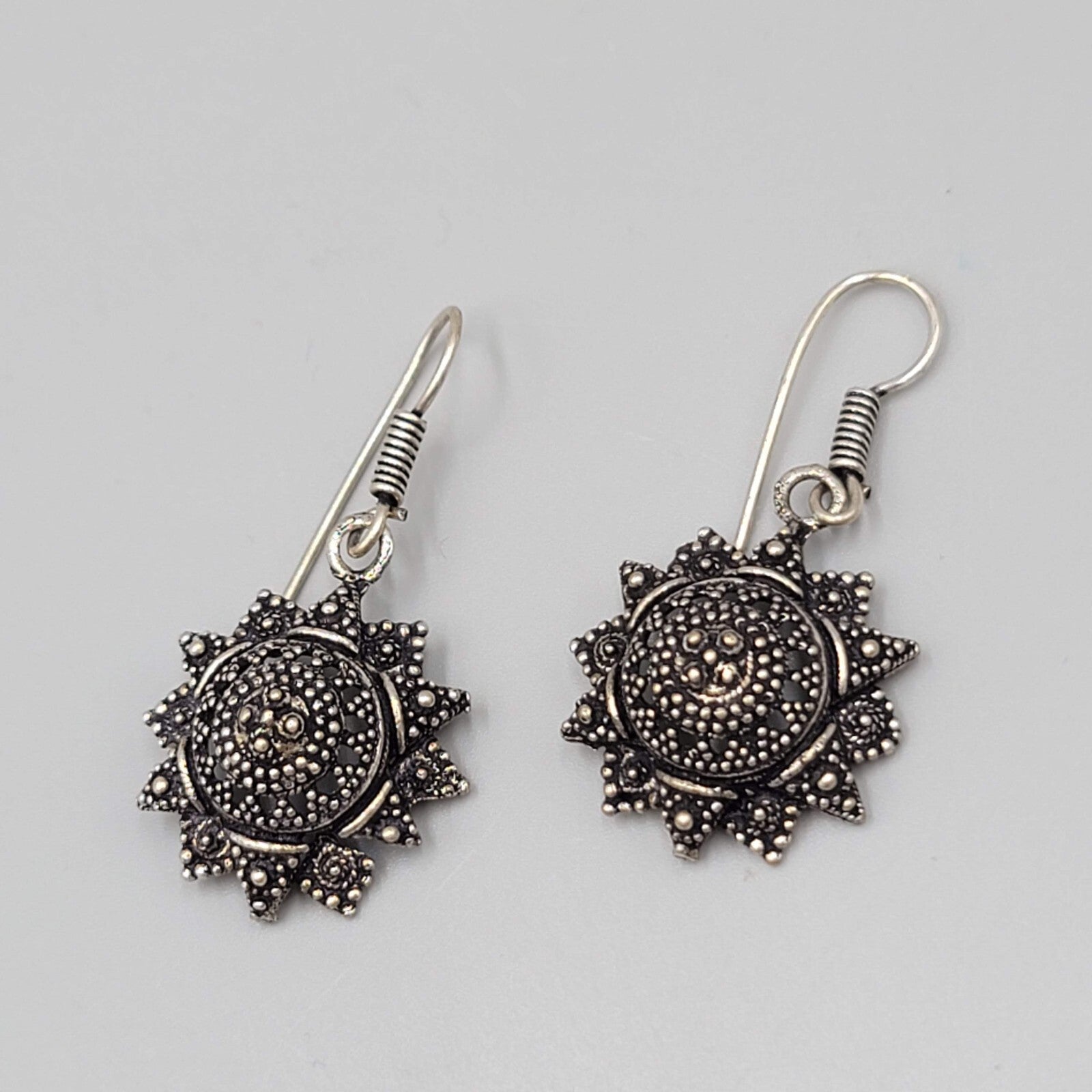 Oxidized Silver tone Pierced Earrings Boho Ethnic Ornate Dangle 1"
