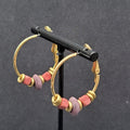 Vintage Pierced Earrings Gold tone Pink Purple Wood Beaded Hoops 1"