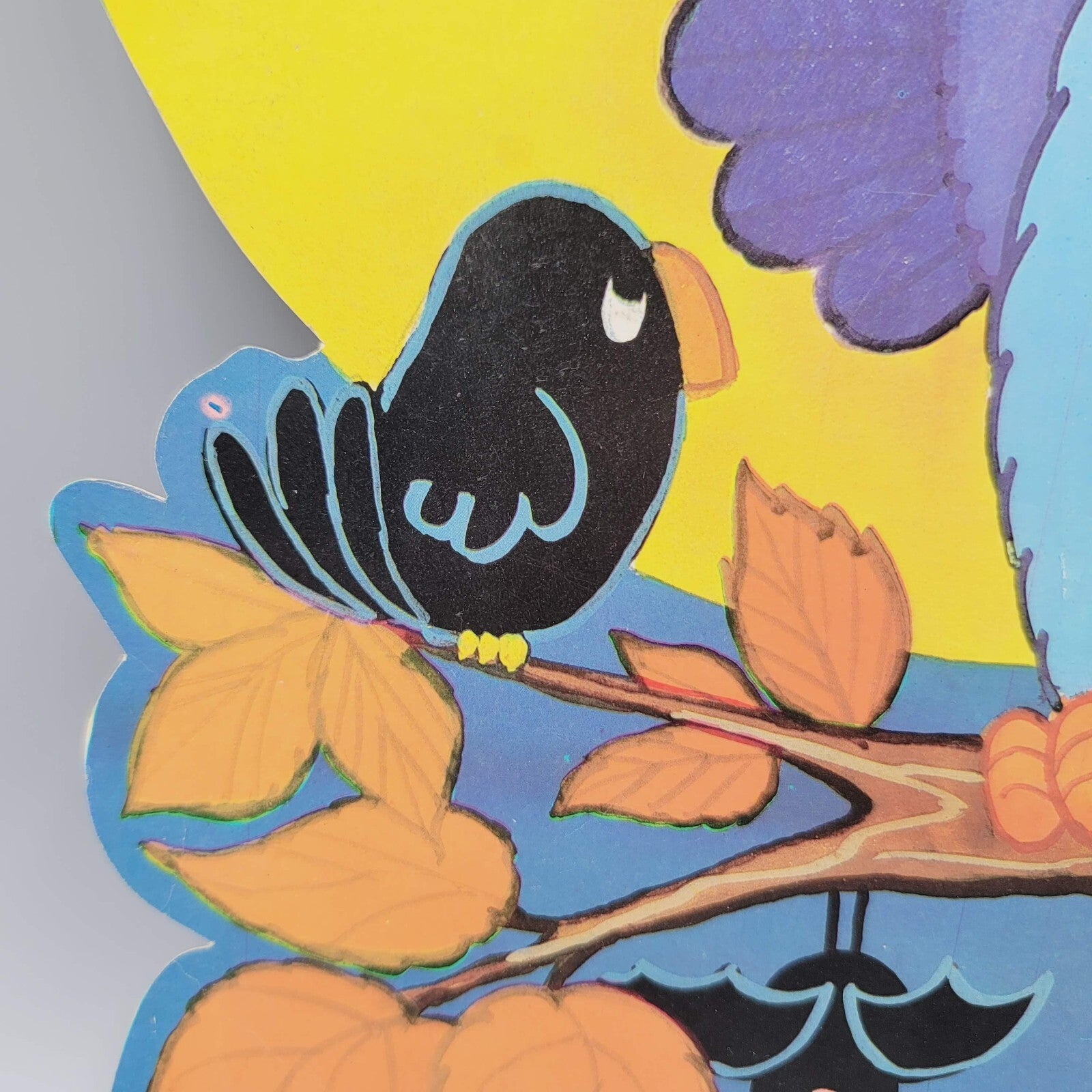 Vintage Purple Owl Crow Bat Die Cut Halloween Double Sided 12.5" x 9"