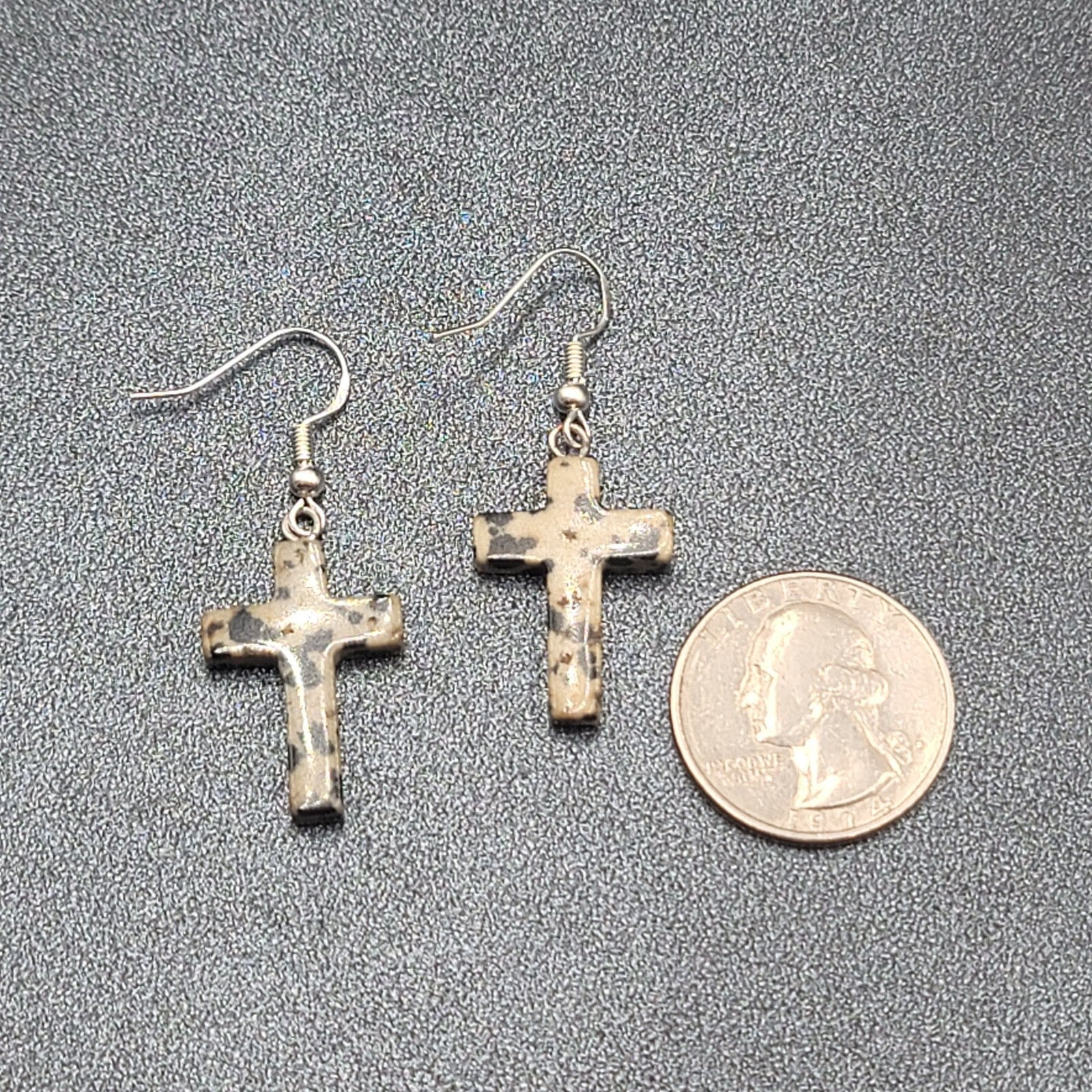Sterling Silver Cross Pierced Earrings 925 Jasper Stone 1"