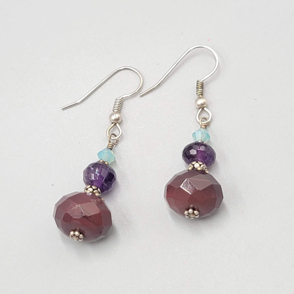 Crystal Amethyst Agate Bead Pierced Earrings Silver tone Dangle 1 in