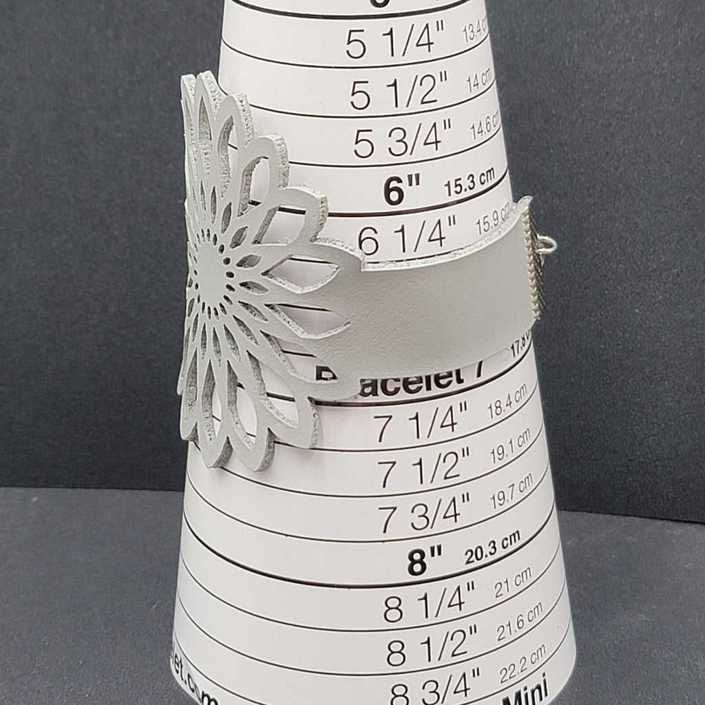 Gray Leather Bracelet Large Cut out Flower 7" + Adj