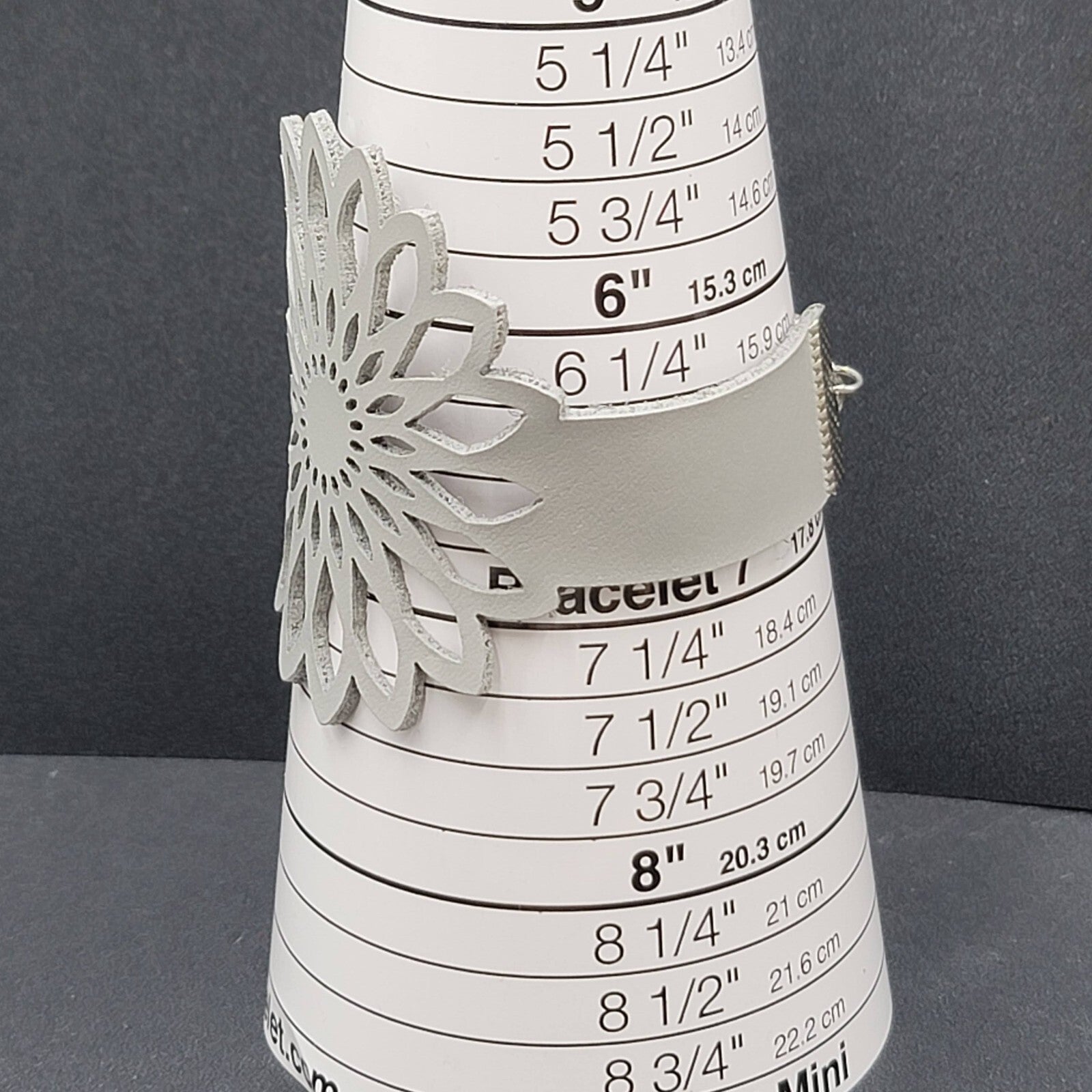 Gray Leather Bracelet Large Cut out Flower 7" + Adj