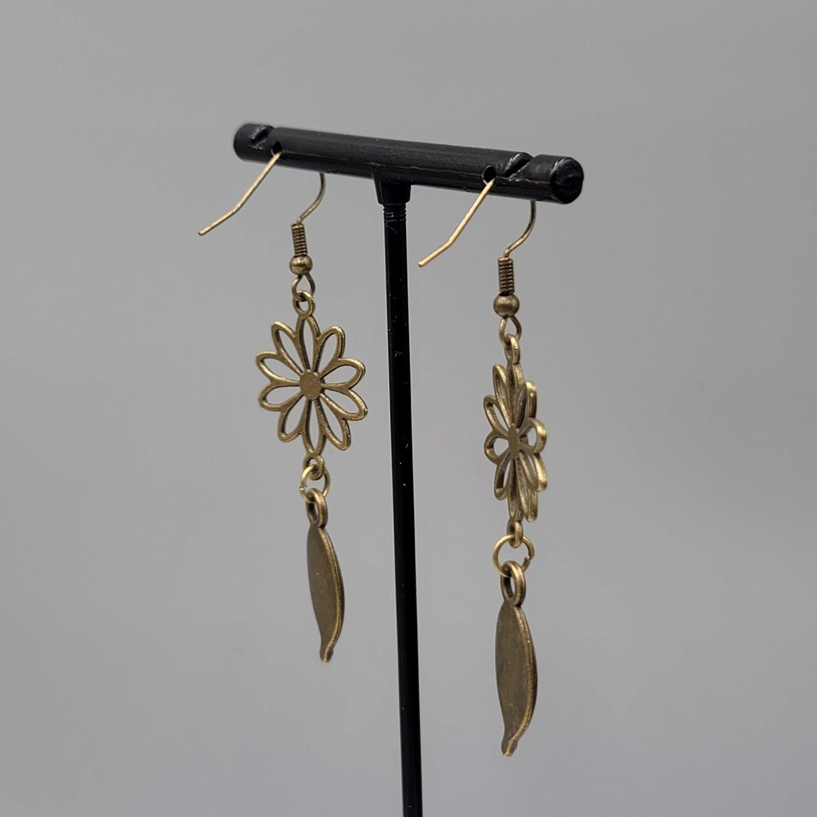 Flower Leaf Pierced Earrings Bronze tone Open Work Dangle NEW 2"