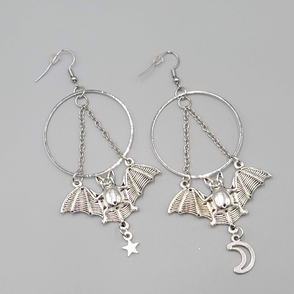 Bat Star Moon Pierced Earrings Large Gothic Punk Silver tone Dangle NEW 3.5"