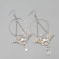 Bat Star Moon Pierced Earrings Large Gothic Punk Silver tone Dangle NEW 3.5"