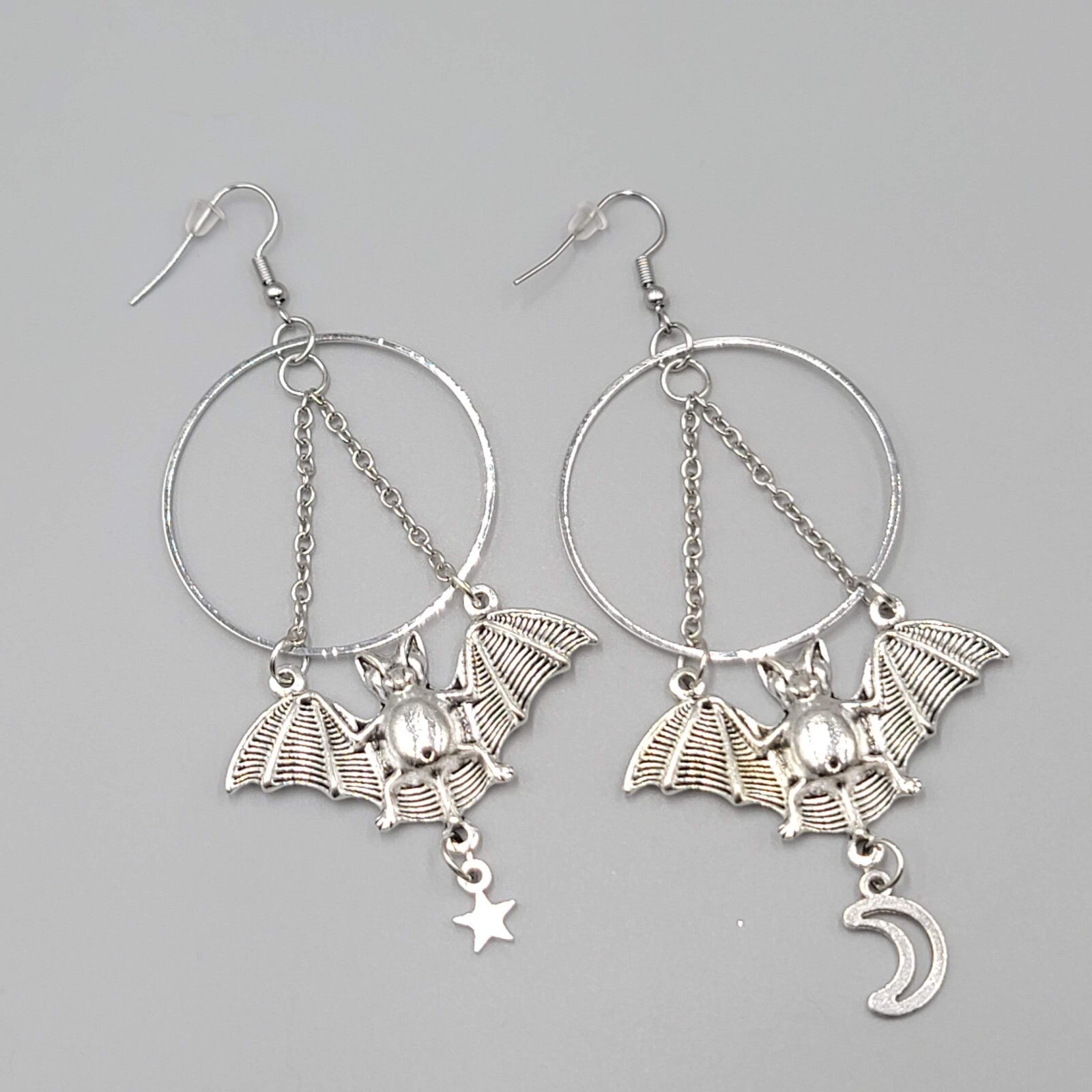 Bat Star Moon Pierced Earrings Large Gothic Punk Silver tone Dangle NEW 3.5"