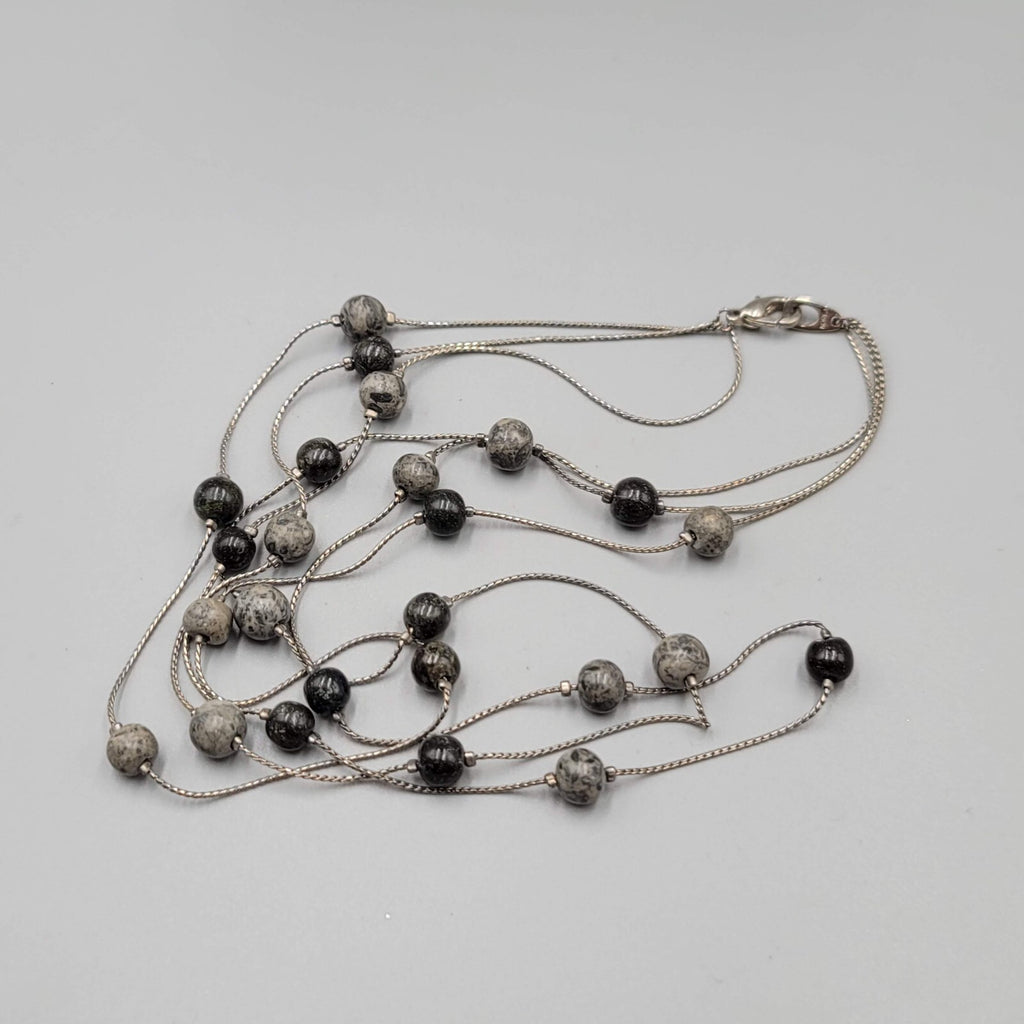 Triple Layer Gray Black Stone Station Bead Necklace Silver tone 16"