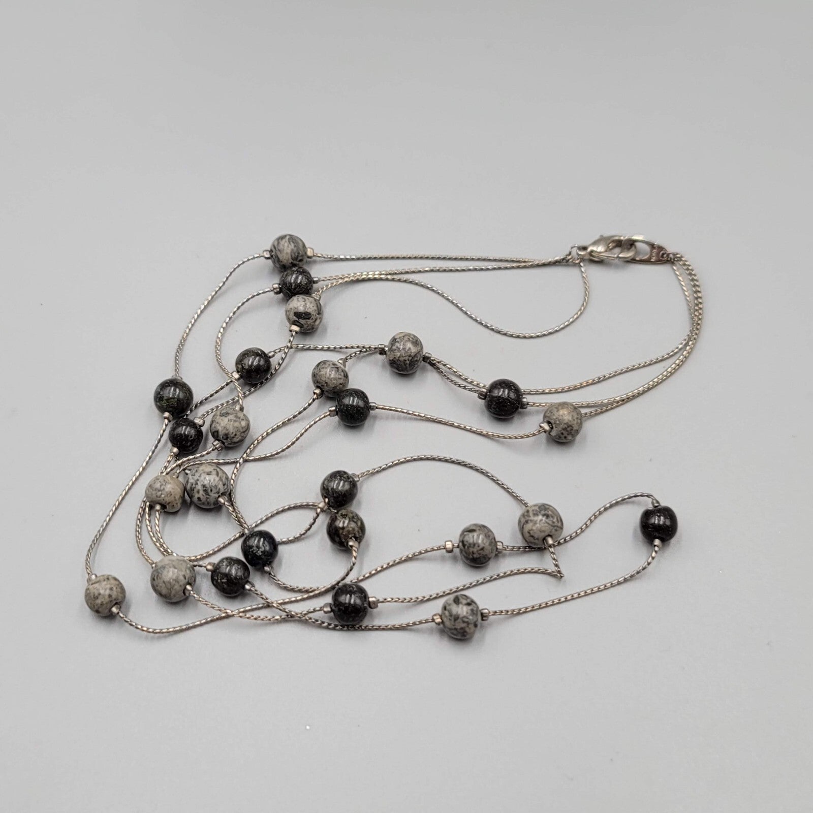 Triple Layer Gray Black Stone Station Bead Necklace Silver tone 16"