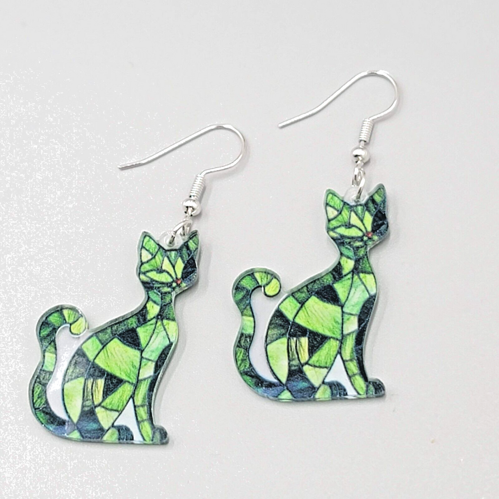 Green Kitty Cat Pierced Earrings Acrylic Mosaic Pattern Dangle 1.5"
