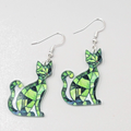 Green Kitty Cat Pierced Earrings Acrylic Mosaic Pattern Dangle 1.5"