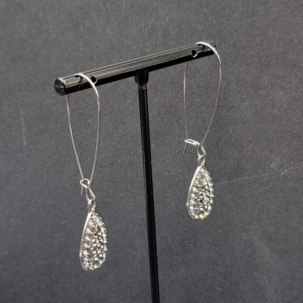 Pierced Earrings Gun Metal Gray Rhinestone Teardrop Sparkly! 2.25"