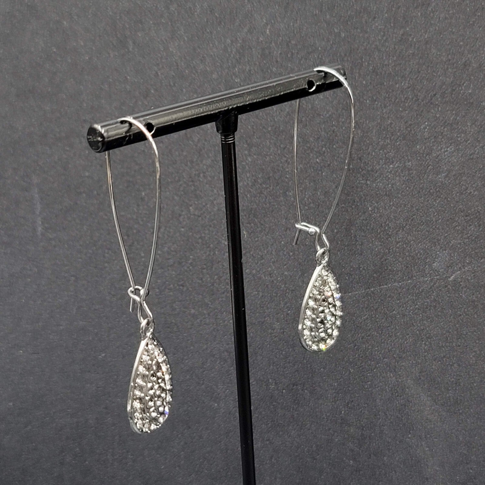 Pierced Earrings Gun Metal Gray Rhinestone Teardrop Sparkly! 2.25"