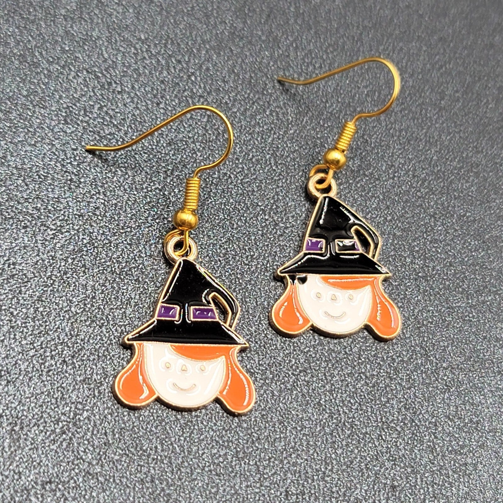 Cute Witch Halloween Pierced Earrings Gold tone Enamel Dangle 1"