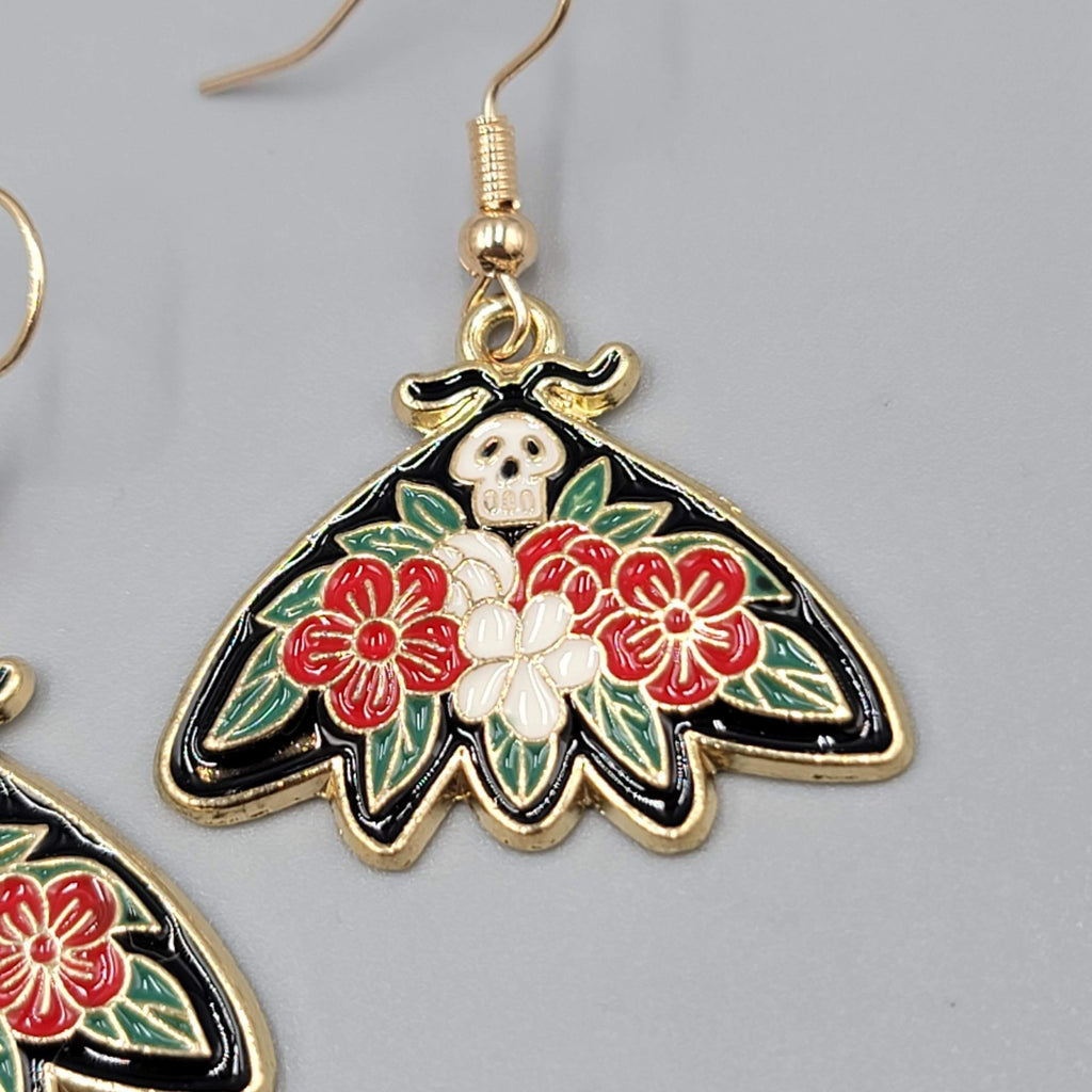 Pierced Earrings Gold tone Enamel Red Rose Moth Dangle 1"