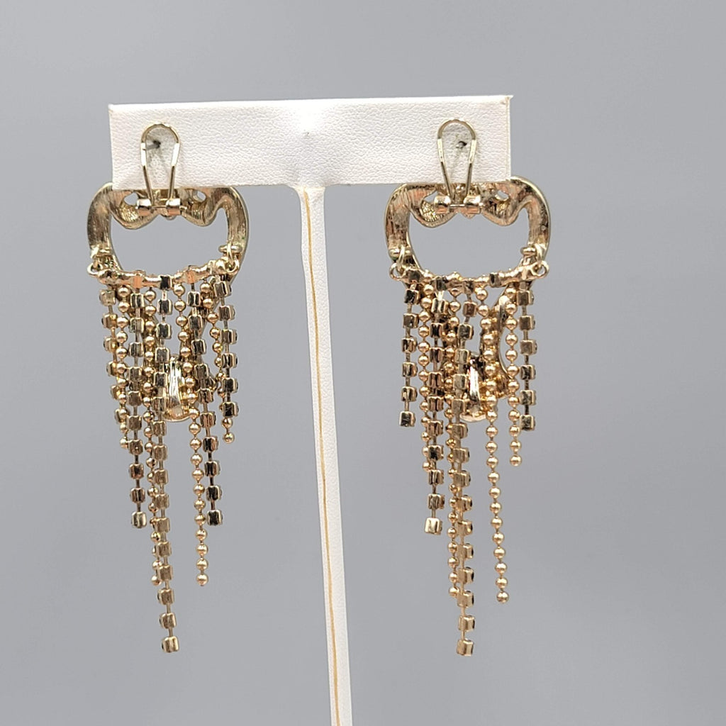 Statement Pierced Earrings Gold tone Black Rhinestone Chandelier Long 3.25"