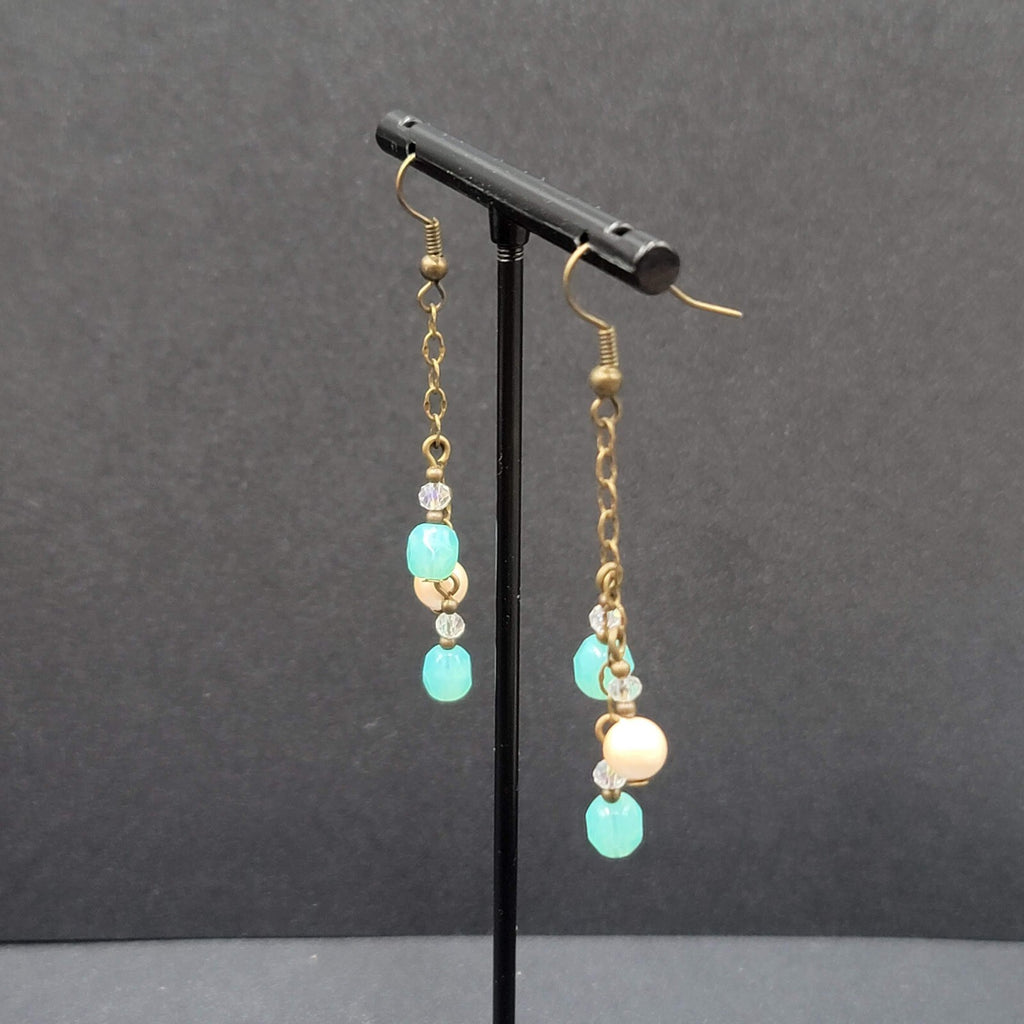 Pierced Earrings Bronze tone Blue Glass Bead Dangle Chains 1.75"
