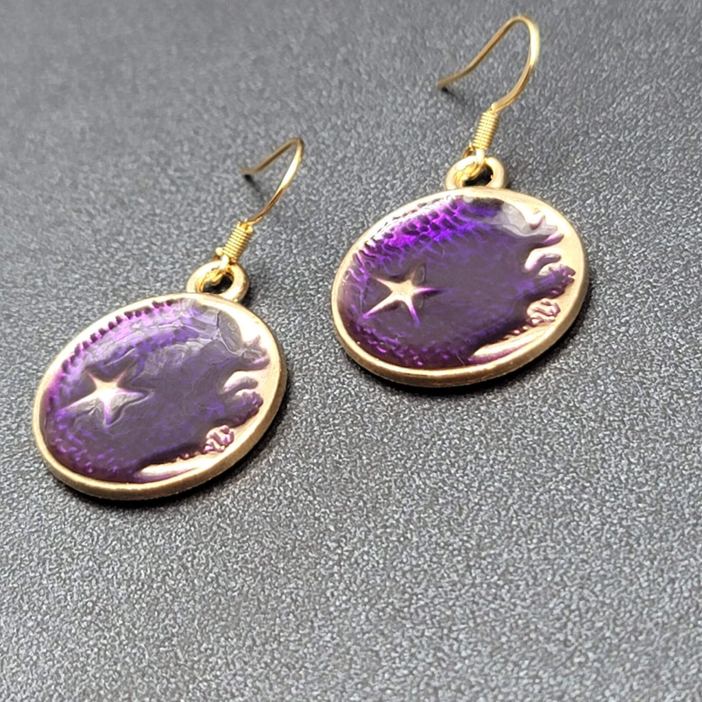 New Round Moon Pierced Earrings Gold tone Purple Enamel Dangle 1"