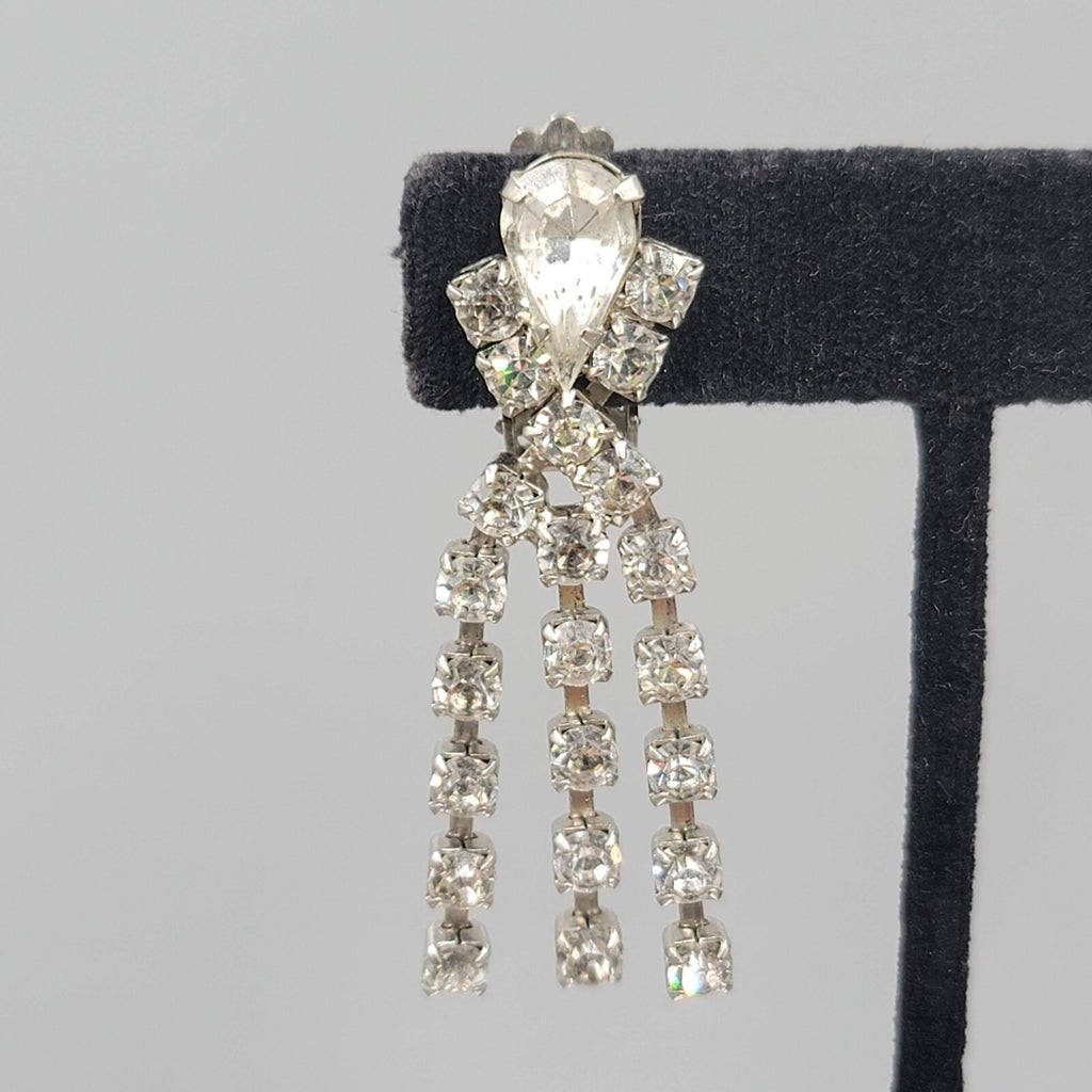 Vintage Long Rhinestone Clip on Earrings Silver tone 2"